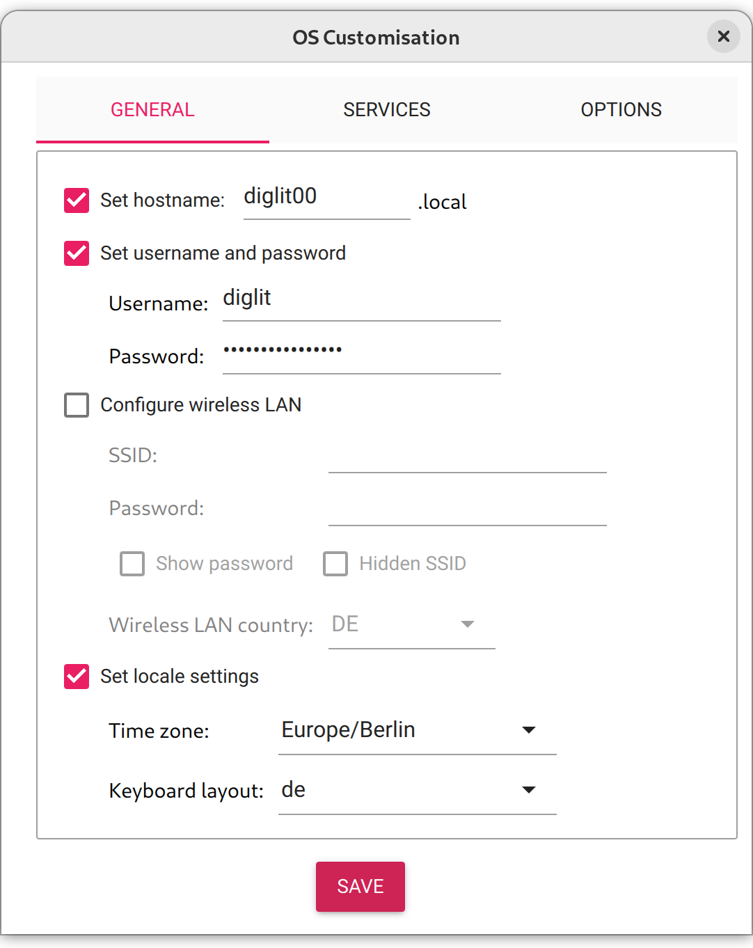 Screenshot rpi-imager Einstellungsdialog